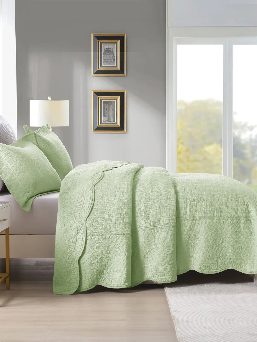 Light Green 3 piece king/cal king 100% cotton Quilted Bedspread Set - 3-Piece